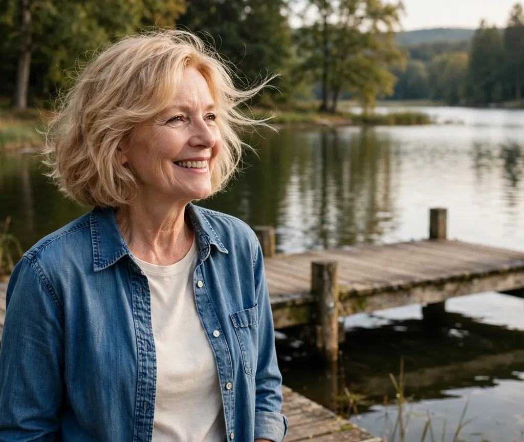 Chin-length wavy bob with soft movement, white woman in her early 60s, denim shirt, lakeside dock