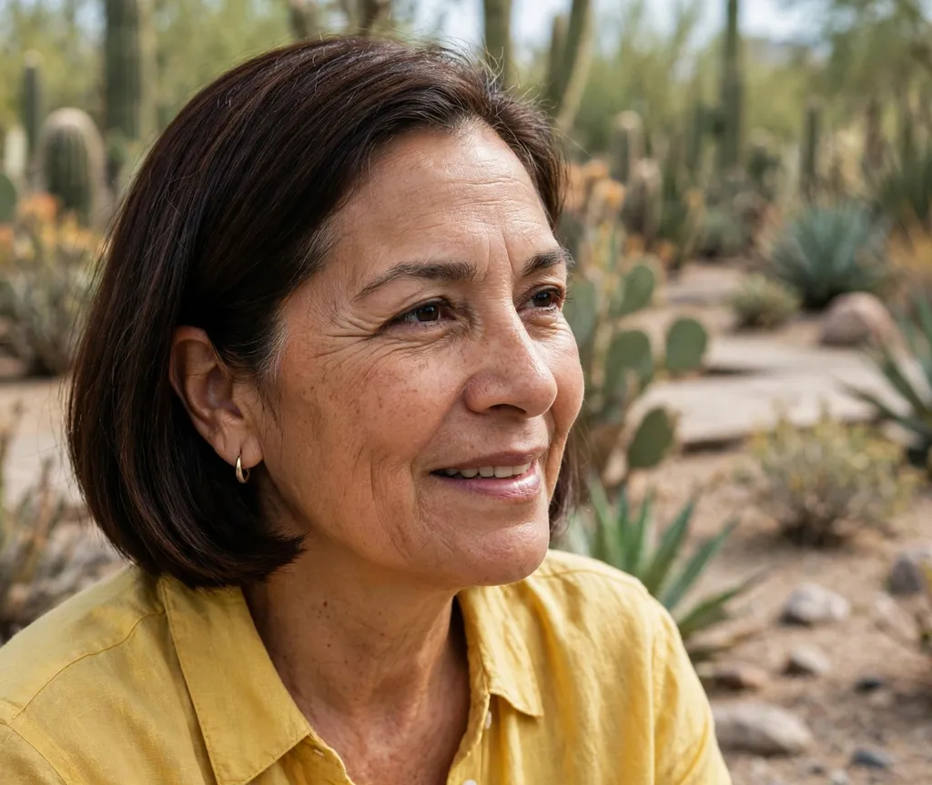 Sleek jaw-length bob on fine dark hair, Latina woman in her early 50s, yellow blouse, desert botanical garden