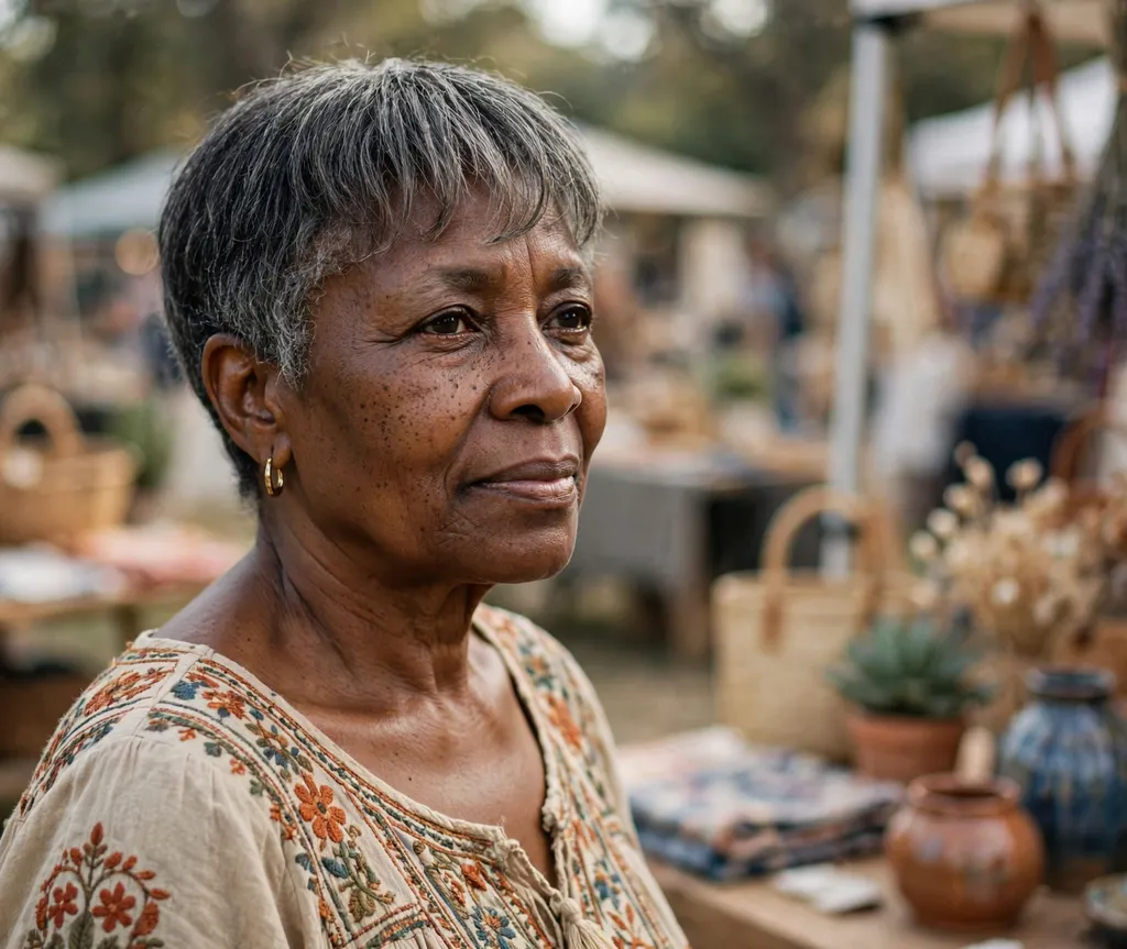 Soft short crop with gentle bangs, Black woman in her mid 60s, boho embroidered top, outdoor craft market