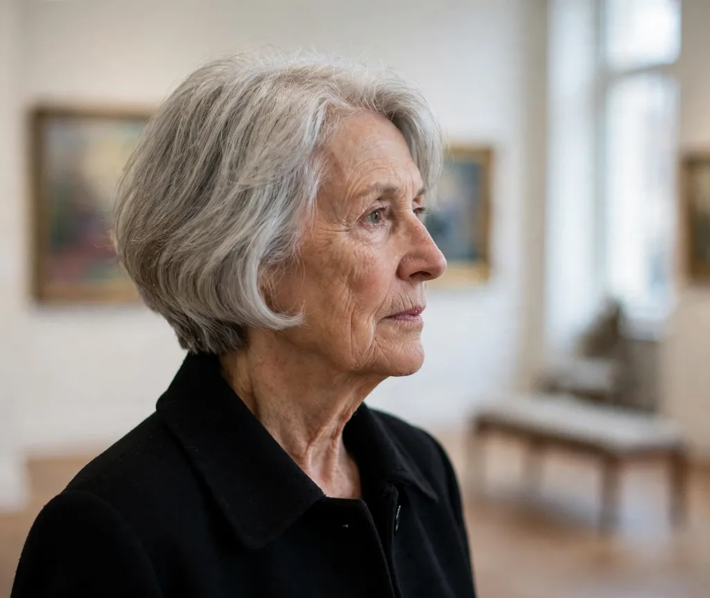 Graduated bob stacked at the nape on fine silver hair, white woman in her late 60s, elegant black coat, art gallery