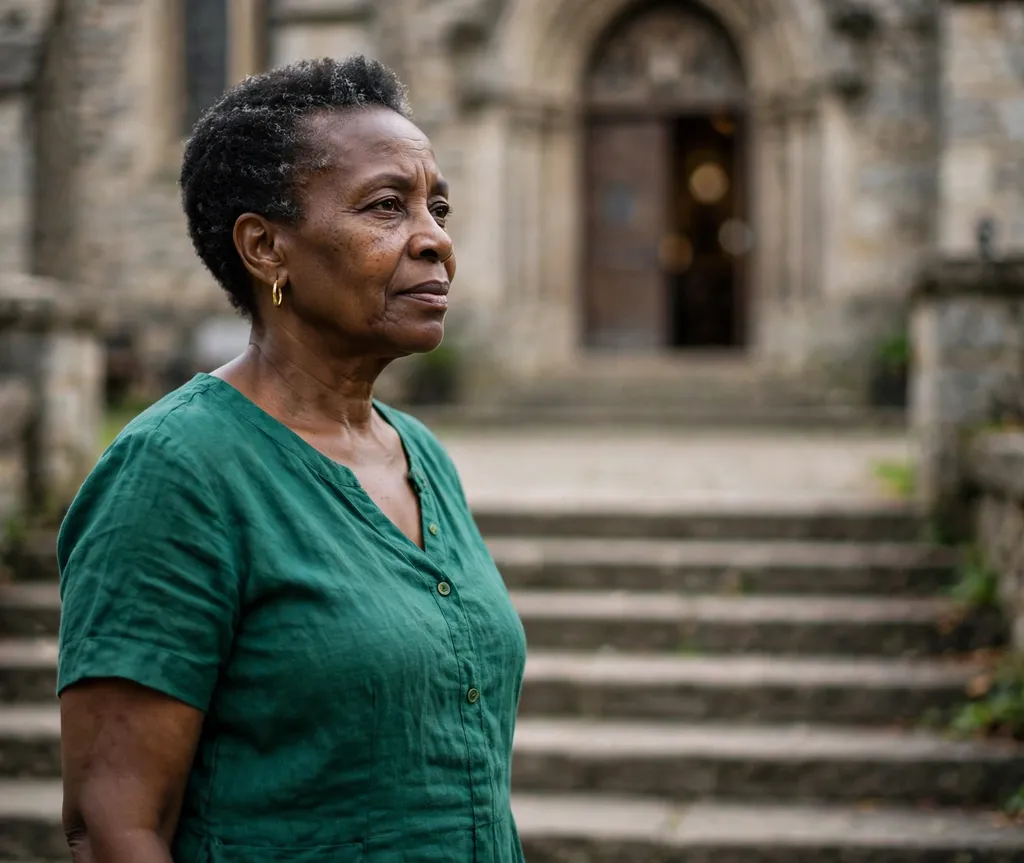 Tapered natural cut with defined crown, Black woman in her late 50s, gold earrings and emerald dress, church steps