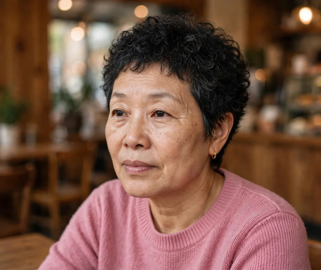 Short coily pixie with texture, East Asian woman in her early 50s, pink sweater, cozy café