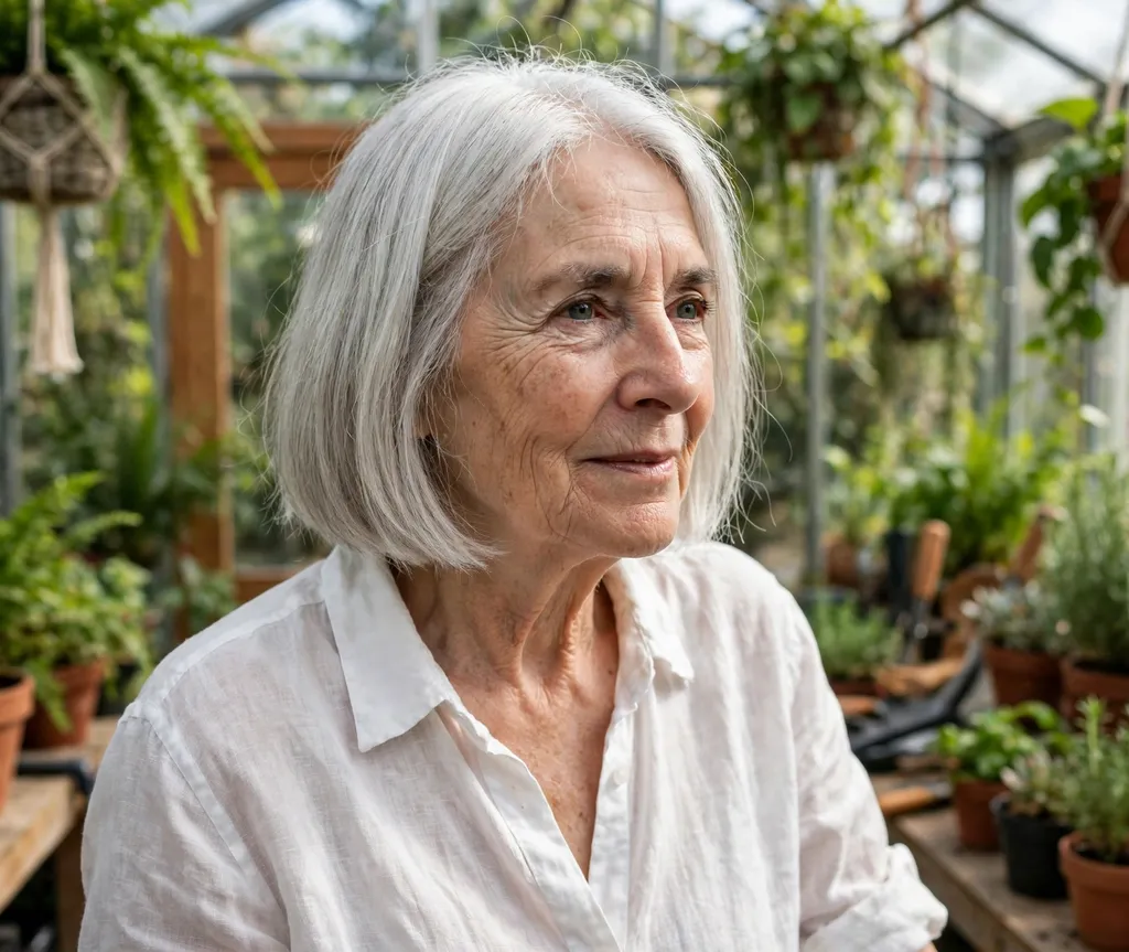 Sleek silver blunt bob with shine, white woman in her mid 60s, white linen blouse, bright greenhouse