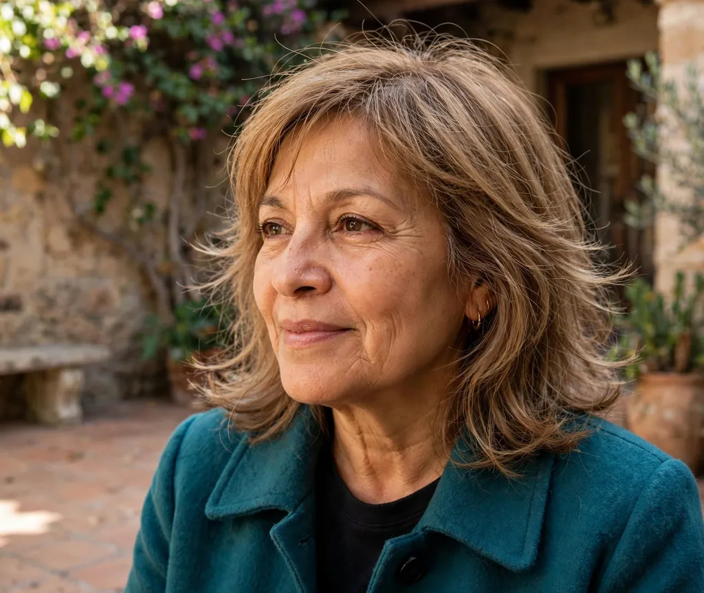 Feathered shag with flipped layers on fine hair, Latina woman in her mid 50s, teal coat, sunlit courtyard