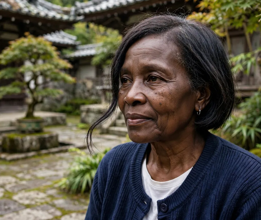 Short bob with long side sweep on fine dark hair, Black woman in her early 60s, navy cardigan, temple courtyard