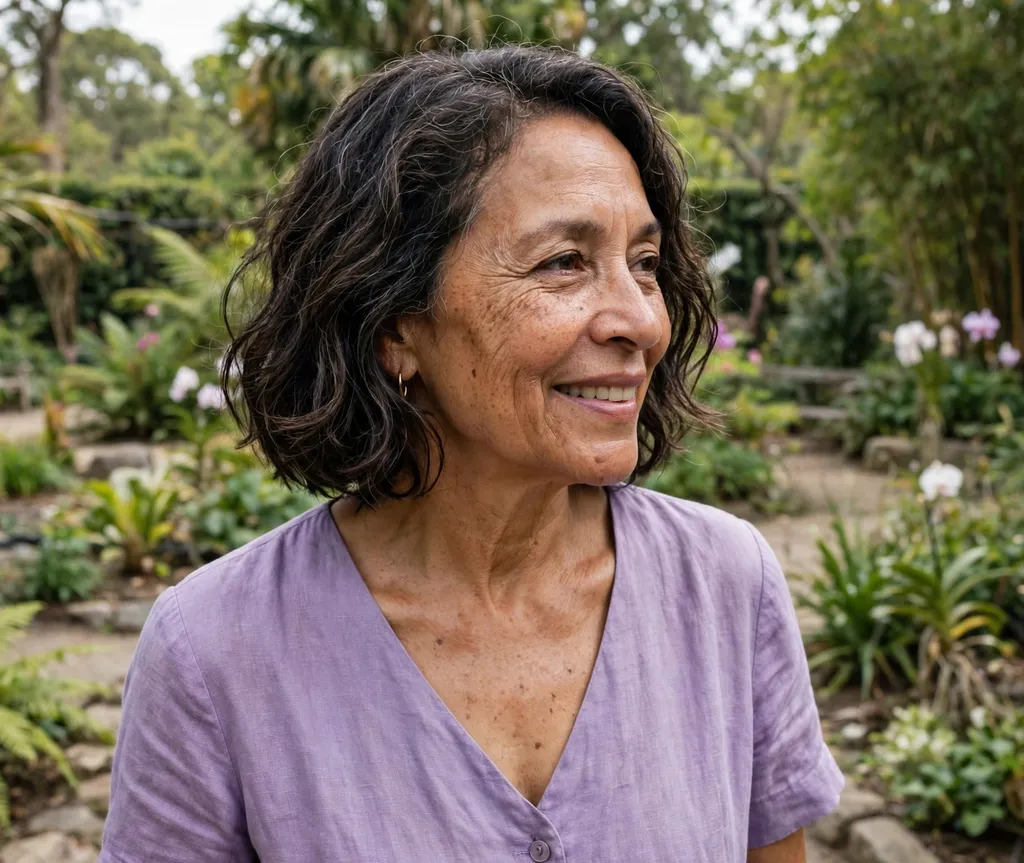 Chin-length bob with soft internal layers on fine wavy hair, mixed-race woman in her late 50s, lilac dress, botanical garden