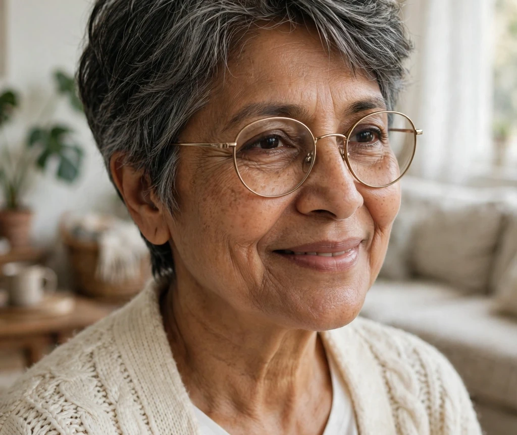 Black woman over 50 with silver-streaked chin-length layered bob and tortoiseshell cat-eye glasses