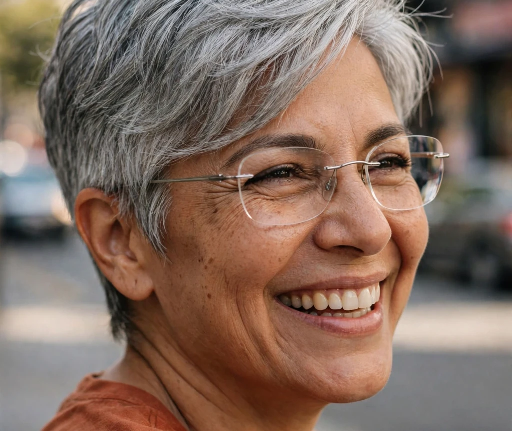 East Asian woman in her 50s with a sleek side-parted short bob wearing square black eyeglasses