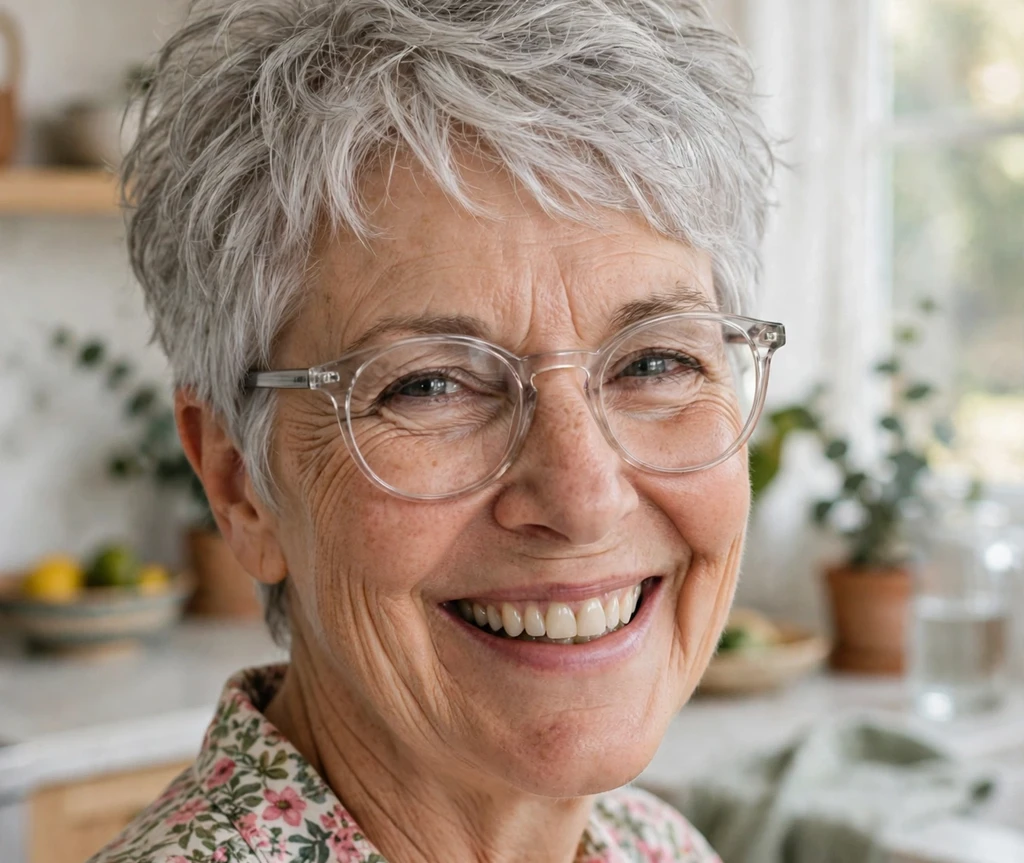 Middle Eastern woman in her 50s with an ash-blonde bob and curtain bangs wearing oval tortoiseshell glasses