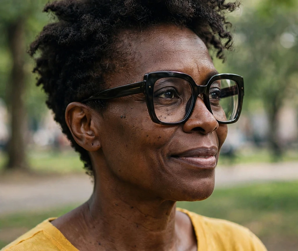 White woman in her 60s with a tousled silver pixie wearing clear round eyeglasses