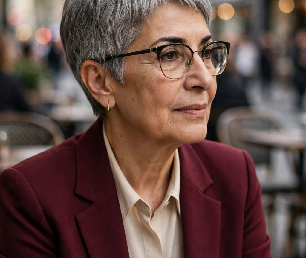 White woman in her 50s with soft copper shoulder-length waves wearing round wire-rim glasses