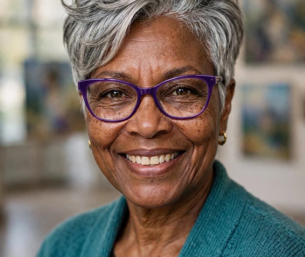 Middle Eastern woman in her 60s with a stacked pixie bob and tapered nape wearing browline eyeglasses