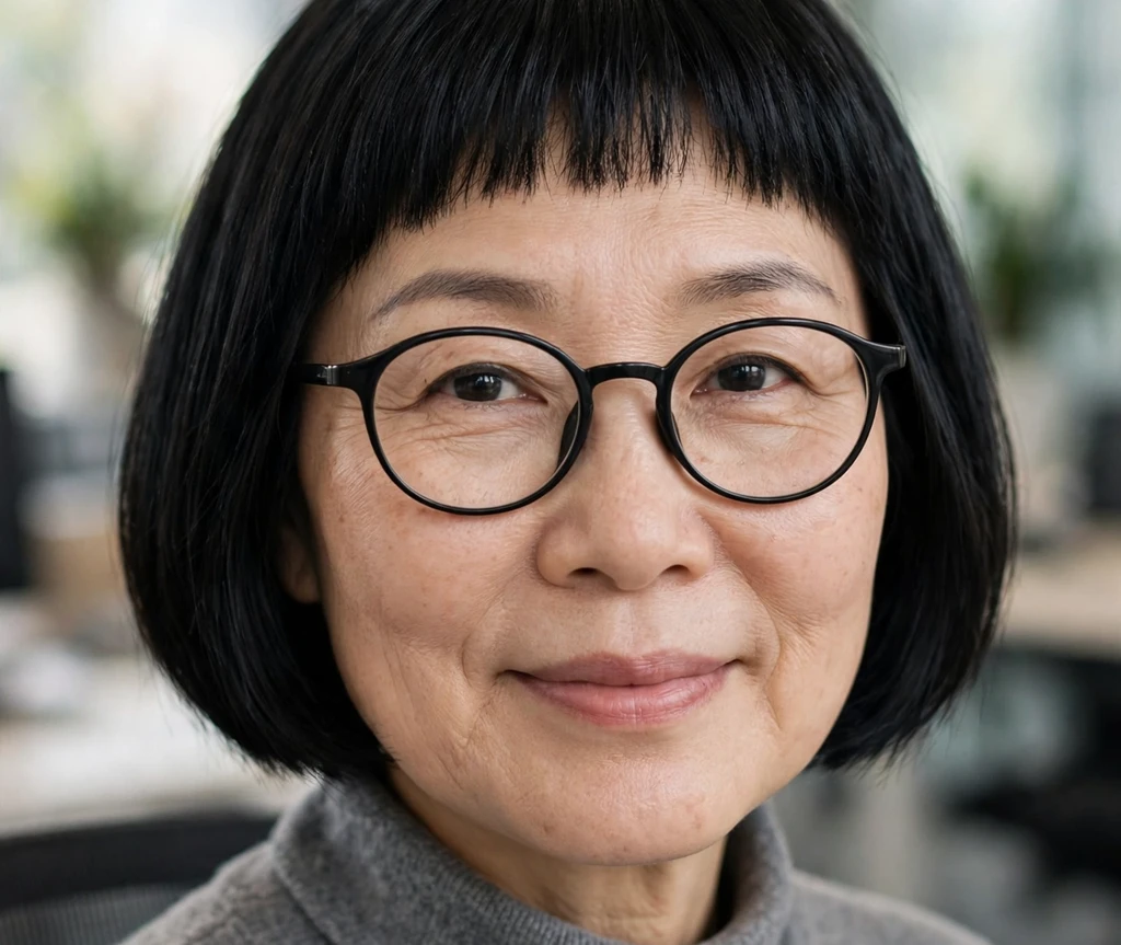Black woman in her late 50s with a silver tapered pixie and long swept top wearing purple cat-eye glasses