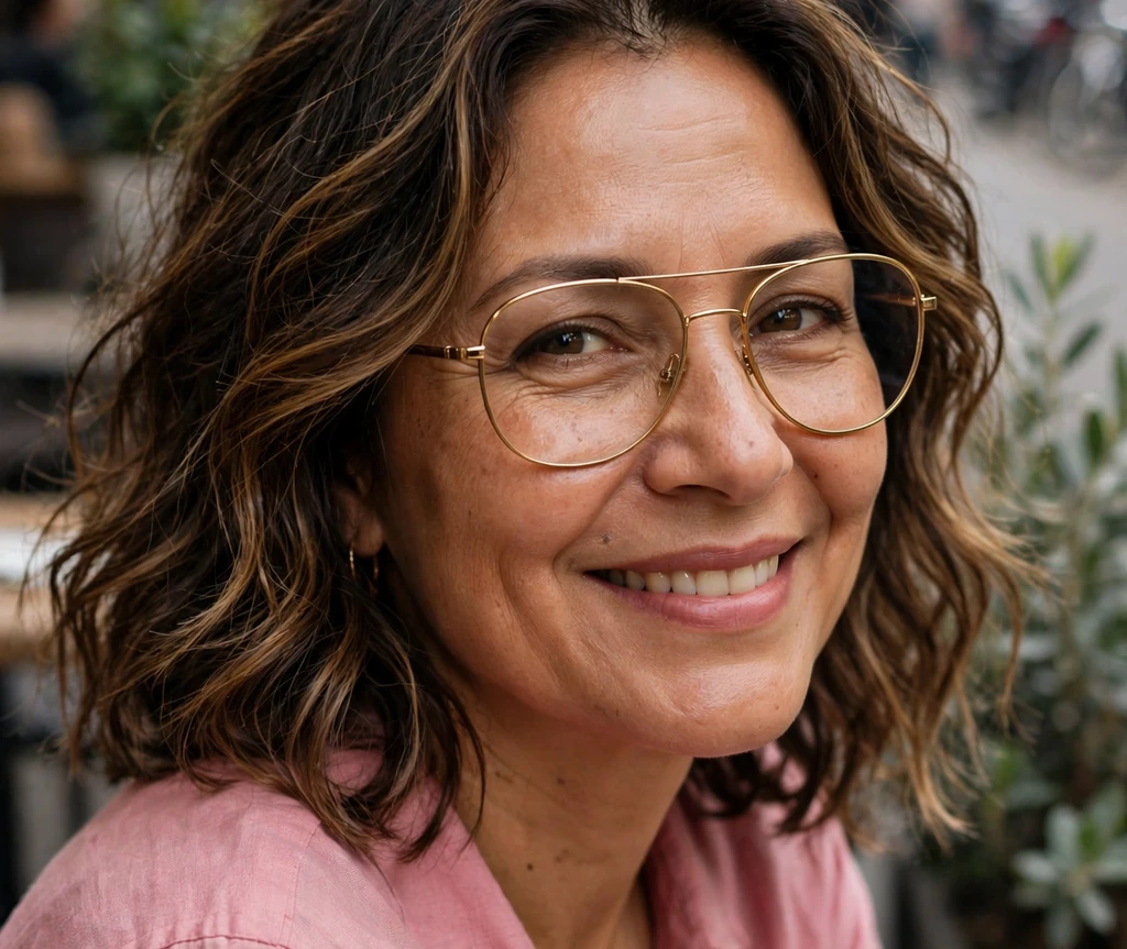 East Asian woman in her 50s with a blunt chin bob and micro fringe wearing small round black glasses