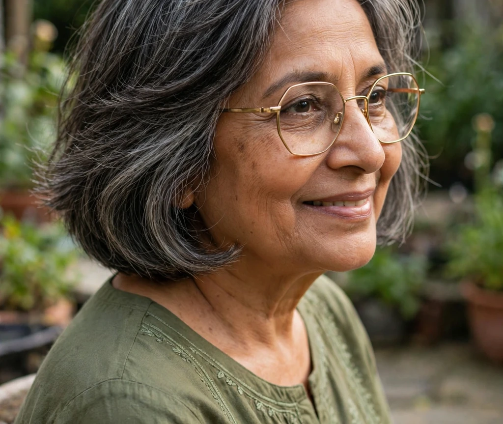 White woman in her 60s with a salt-and-pepper cropped pixie wearing clear chunky square glasses