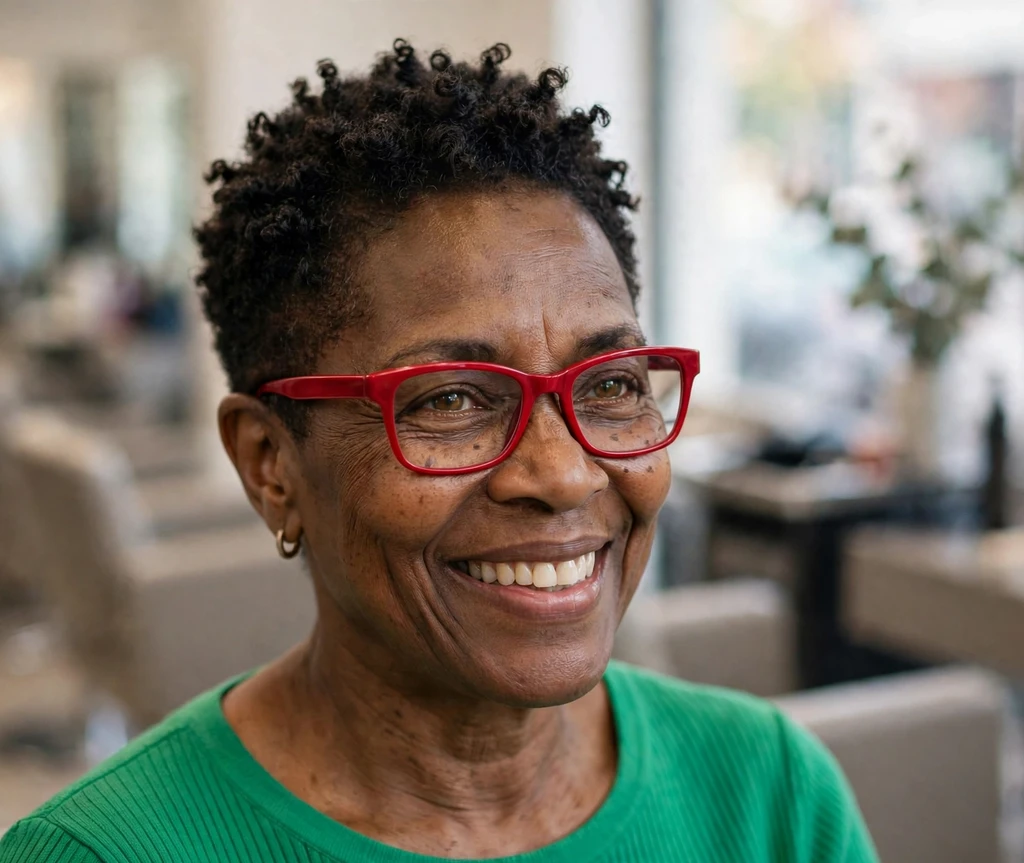 Middle Eastern woman in her 50s with a face-framing layered mid-length cut wearing round horn-rimmed glasses