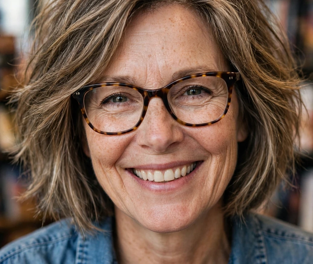 Black woman in her 60s with a short coily pixie with defined curls wearing red rectangular eyeglasses