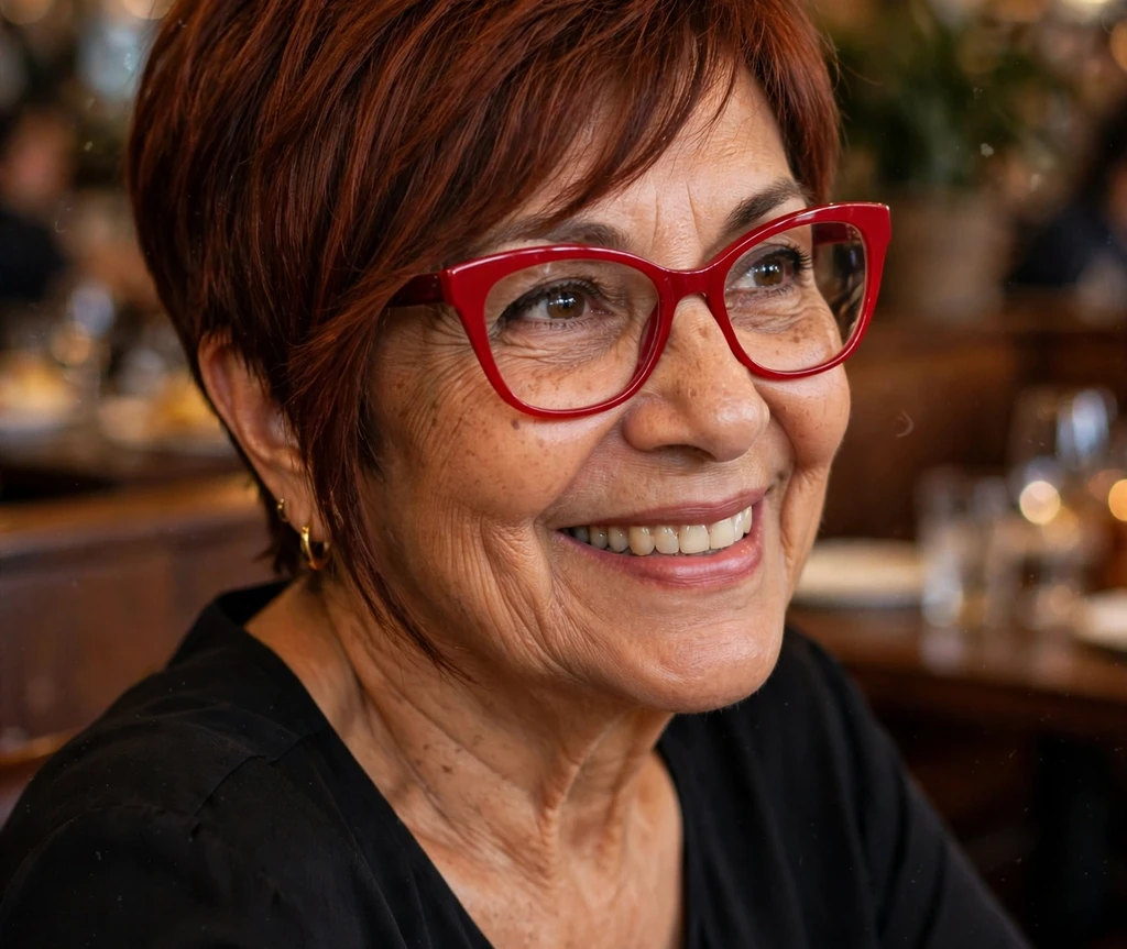 East Asian woman in her 60s with a short silver layered crop wearing rimless rectangular eyeglasses