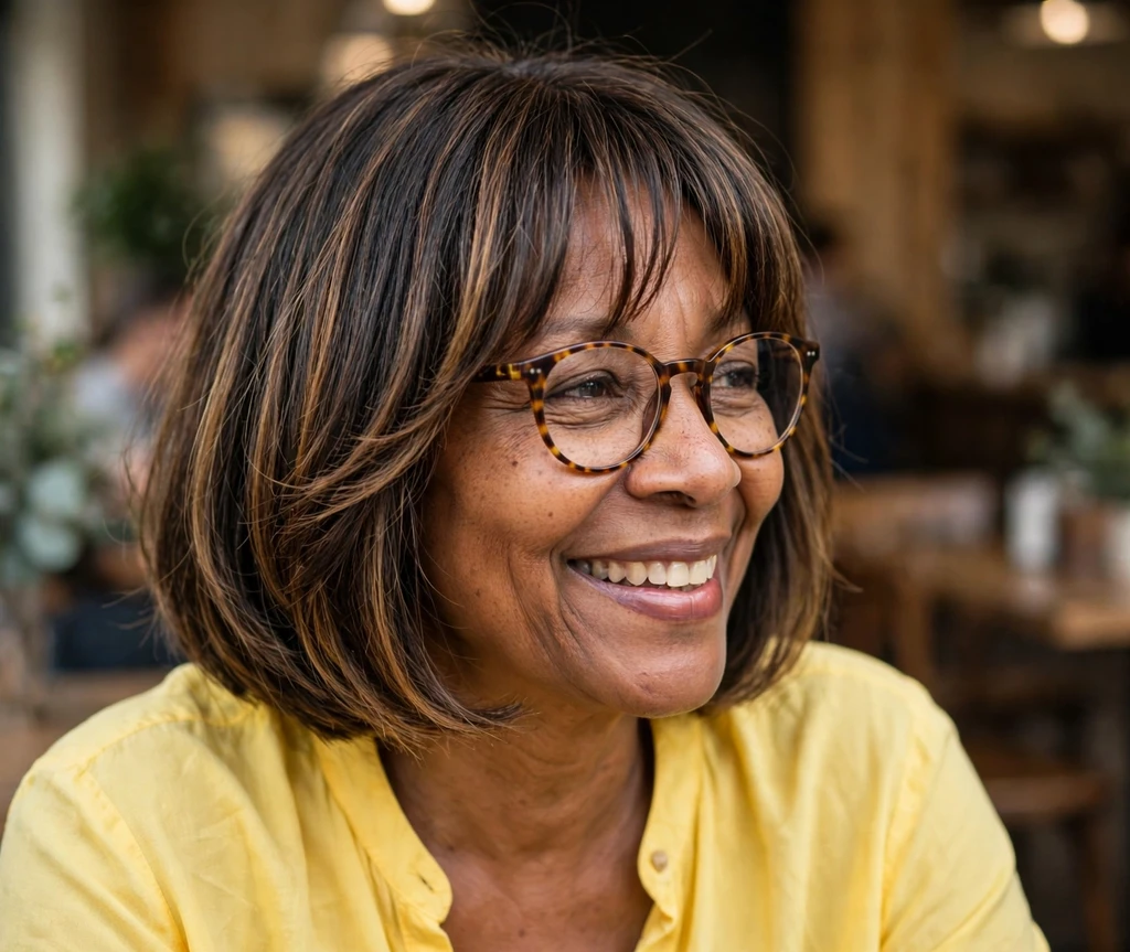 South Asian woman in her 50s with a chin bob with flipped-out ends in natural gray wearing half-rim eyeglasses