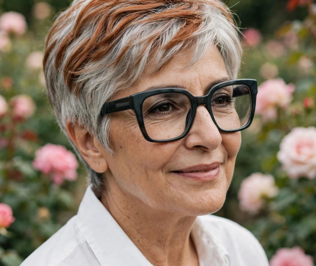 Black woman in her 50s with a curtain-fringe bob and caramel highlights wearing round tortoiseshell glasses