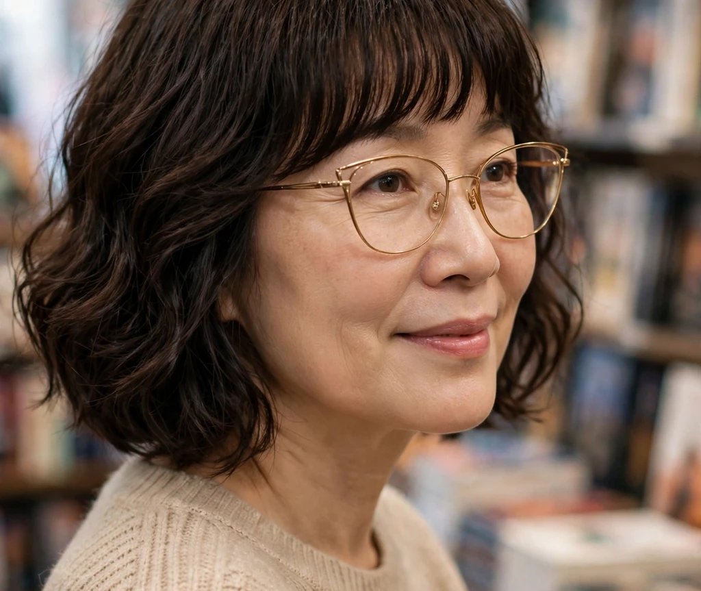 Middle Eastern woman in her 60s with a silver pixie with copper lowlights wearing oversized square eyeglasses