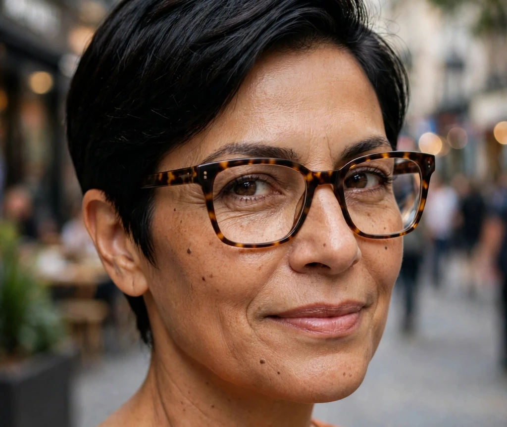 Latina woman in her 50s with a sleek jet-black side-parted pixie wearing square tortoiseshell glasses