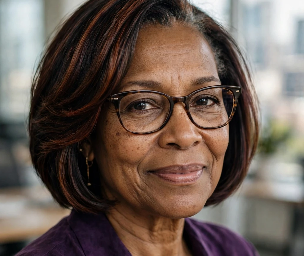 Black woman in her late 50s with an asymmetric deep-part bob wearing browline eyeglasses