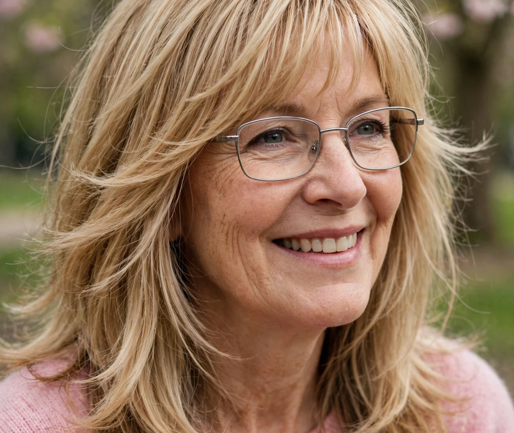 White woman in her 50s with a golden blonde long layered cut wearing thin silver rectangular glasses