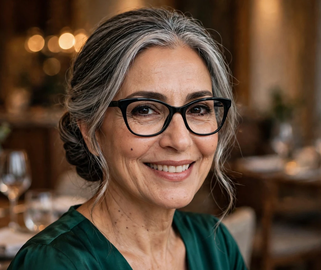 Middle Eastern woman in her 50s with a low chignon and face-framing tendrils wearing black cat-eye glasses