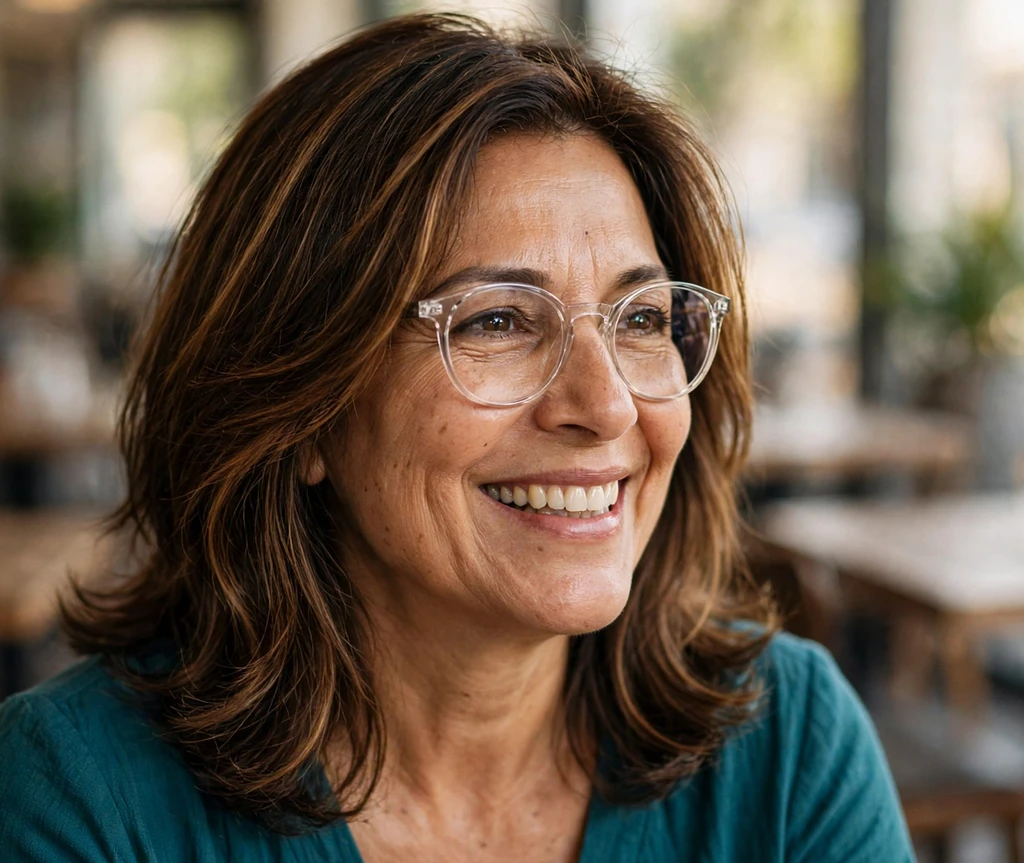 Latina woman in her late 50s with a layered medium espresso cut wearing clear round glasses