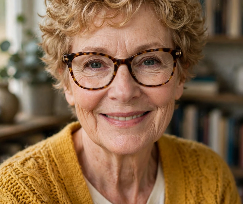 White woman in her 60s with a honey-blonde curly pixie-bob wearing tortoiseshell cat-eye glasses