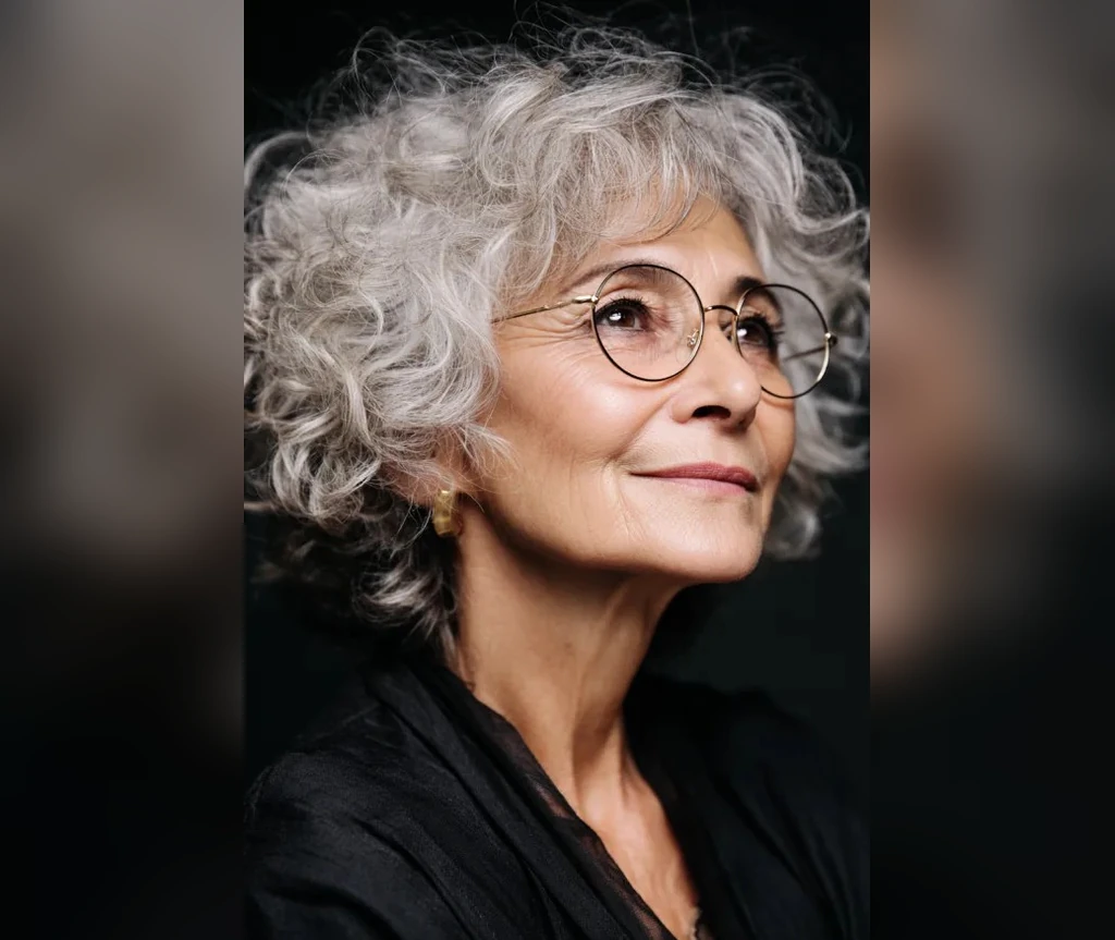 Curly hair with glasses on a joyful mature woman