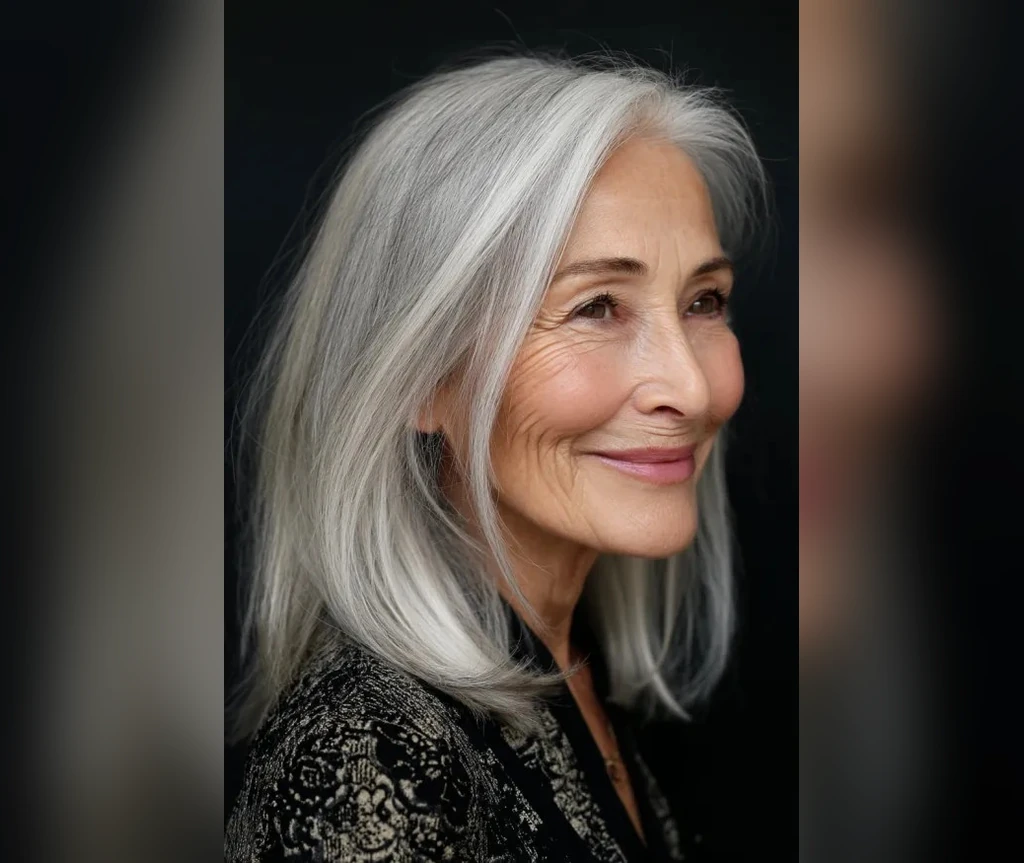 Long silver hair with soft layers on a smiling woman