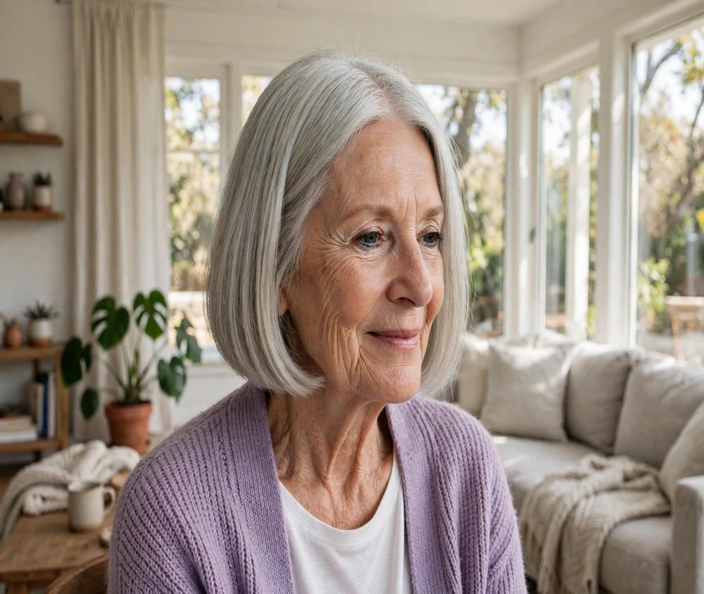 Woman over 70 with a sleek silver bob in a bright living room