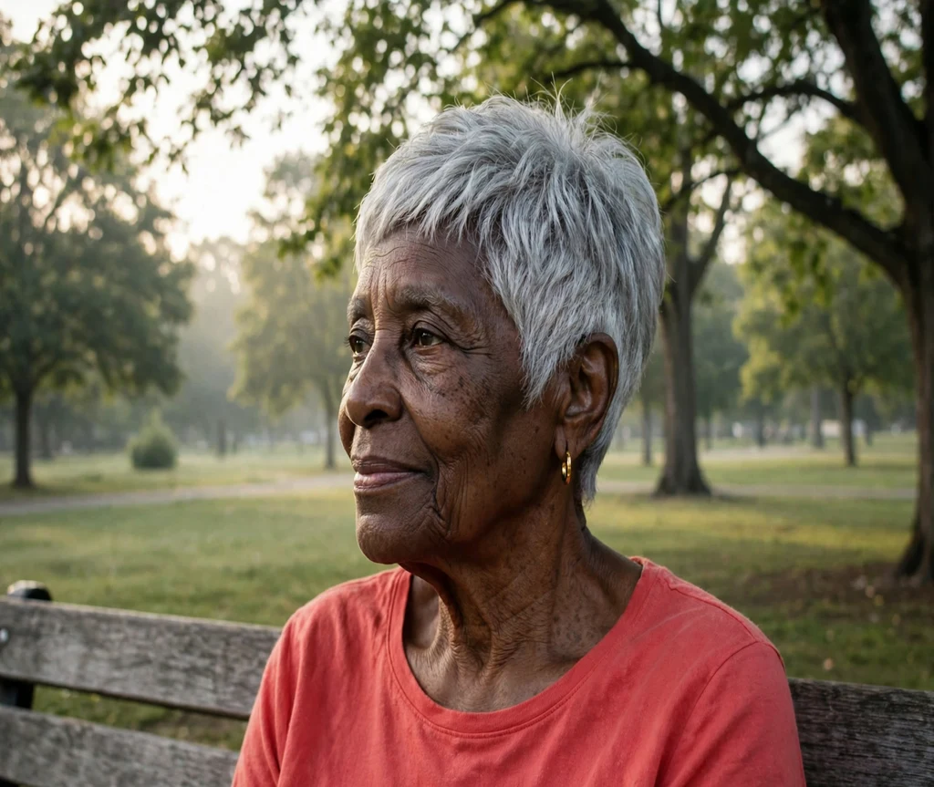 Woman in her late 70s with a feathered silver pixie on a park bench