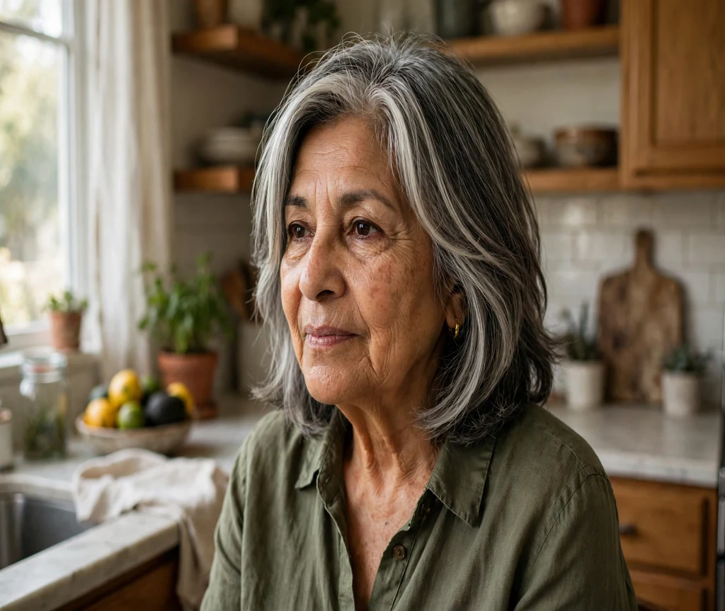 Woman over 70 with a layered lob with silver face-framing highlights in a kitchen