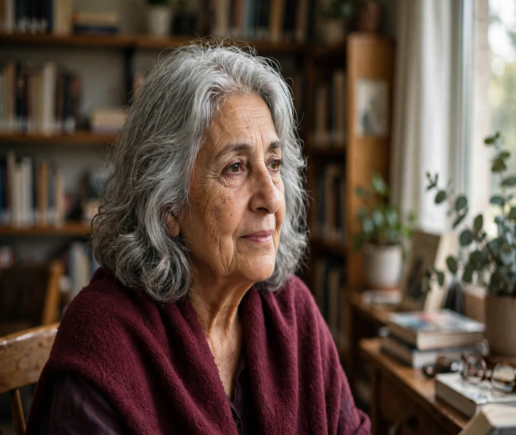 Older woman with gentle silver waves in a library reading corner