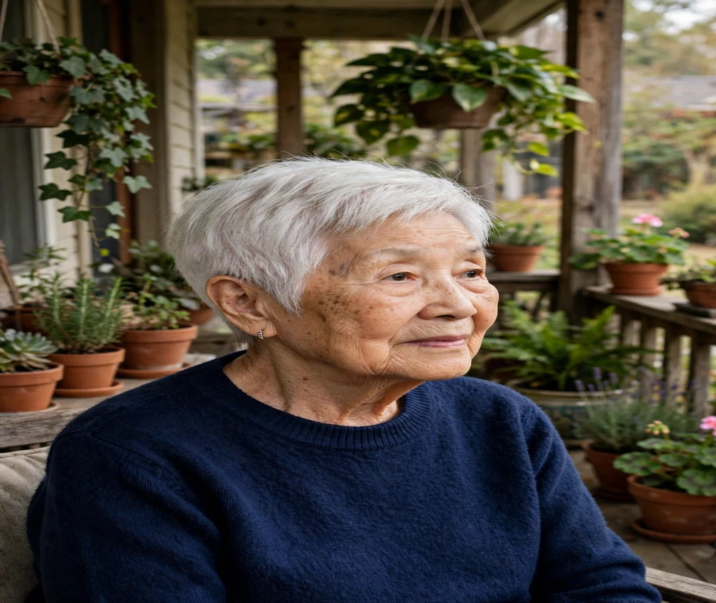 Woman in her 80s with a classic white tapered pixie on a porch