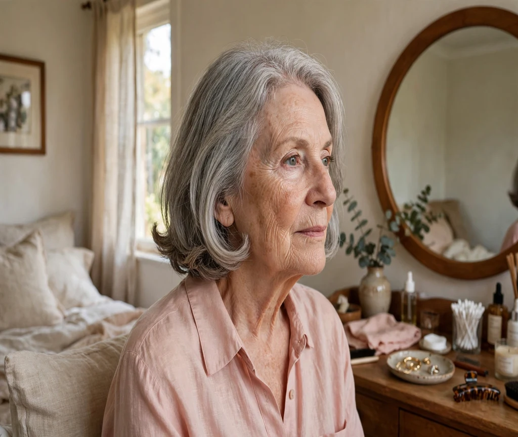 Older woman with a chin-length curled grey bob in a bedroom