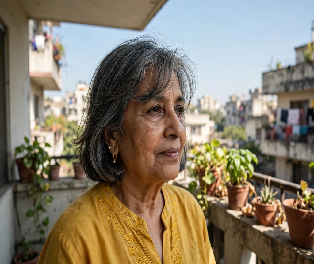 Woman over 70 with a dark-grey bob with wispy bangs on a balcony