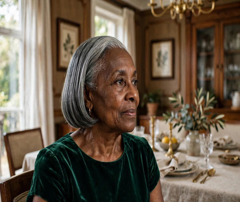 Older woman with a side-parted sleek grey bob in an elegant dining room