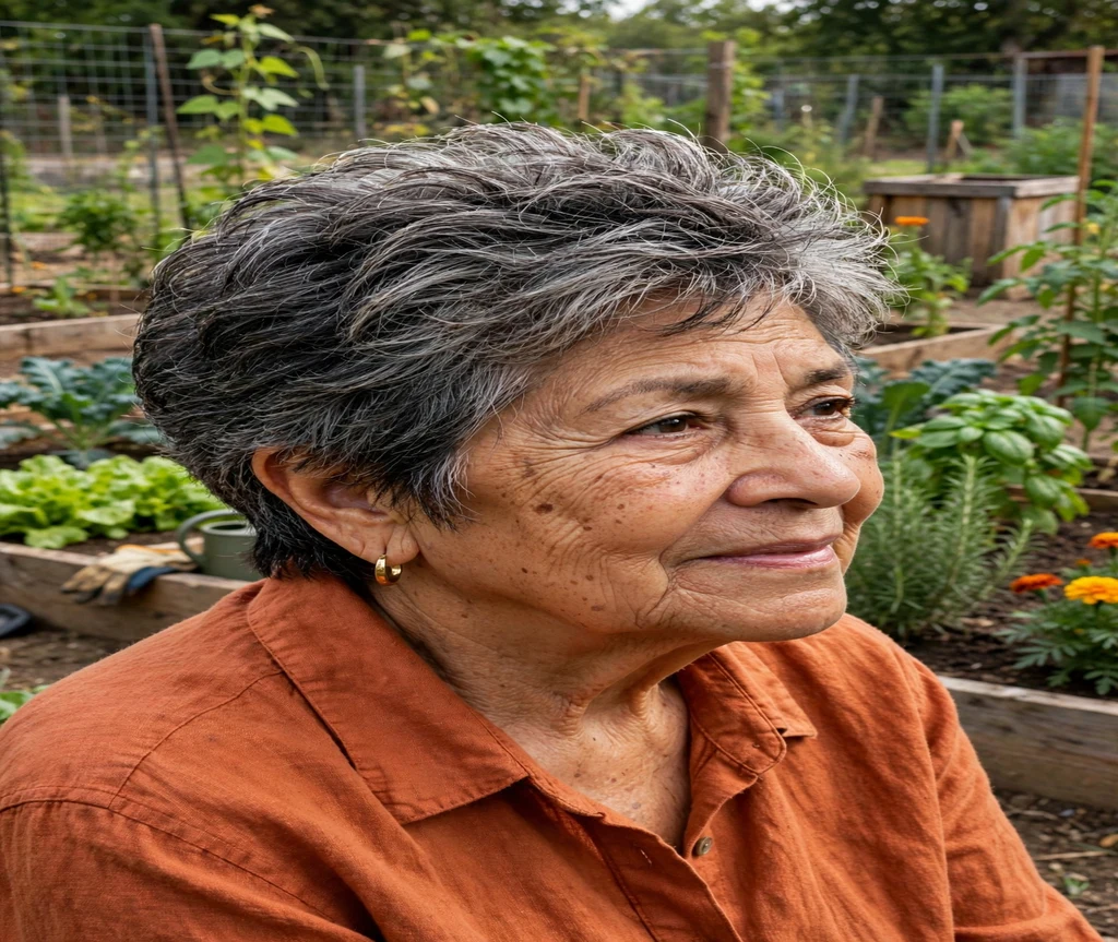 Woman in her 80s with a voluminous salt-and-pepper layered crop in a garden