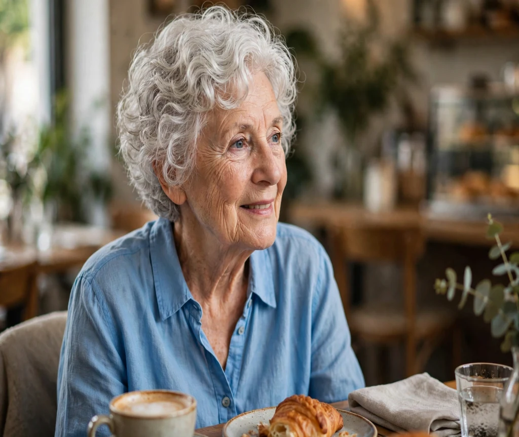 Older woman with soft silvery-white perm curls at a cafe table