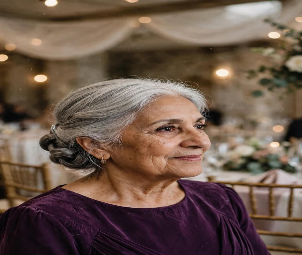 Older woman with an elegant silver low chignon in a reception hall