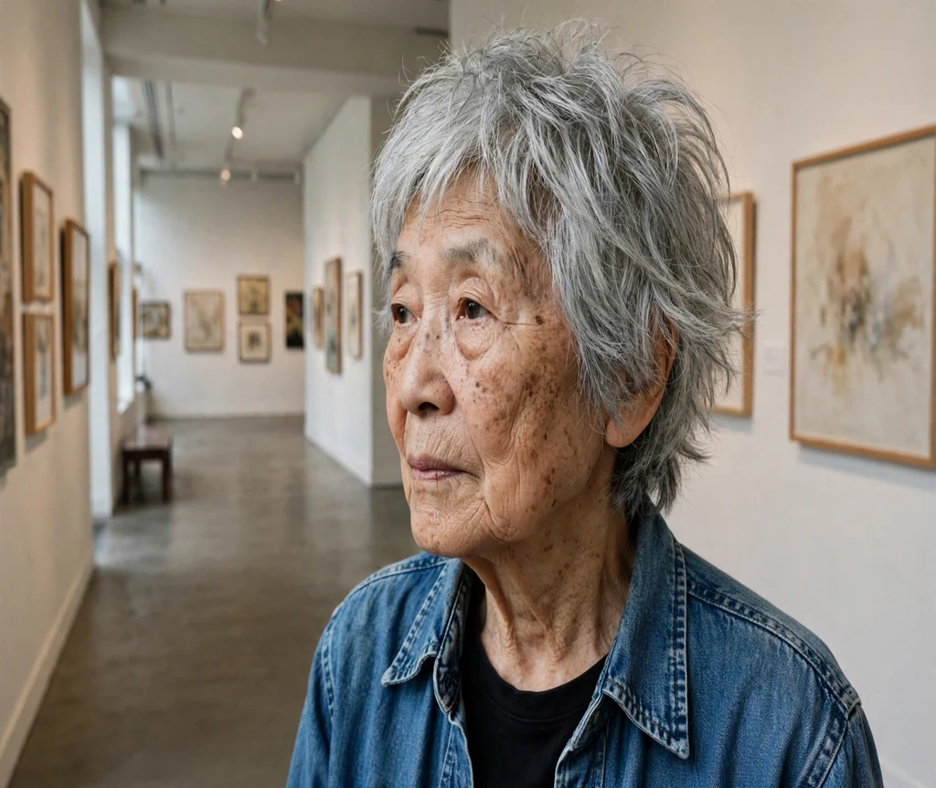 Woman over 70 with a textured silver shag in an art gallery