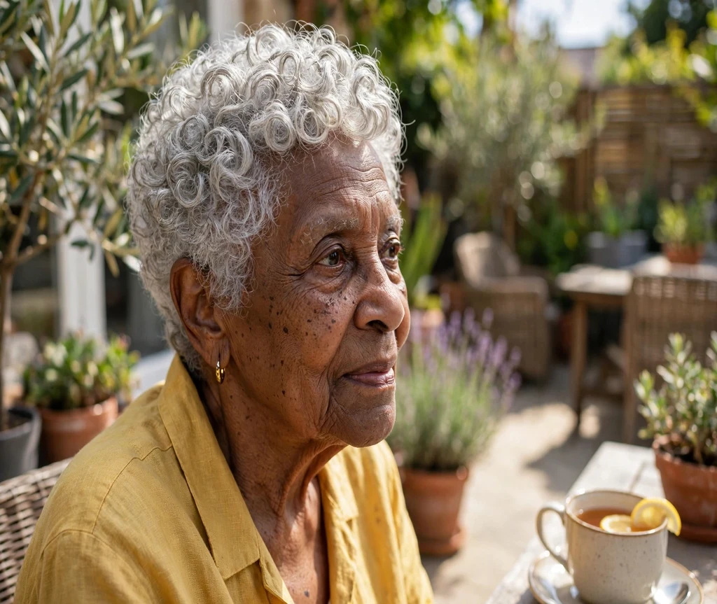Woman in her 80s with a silver curly pixie cut on a sunny patio