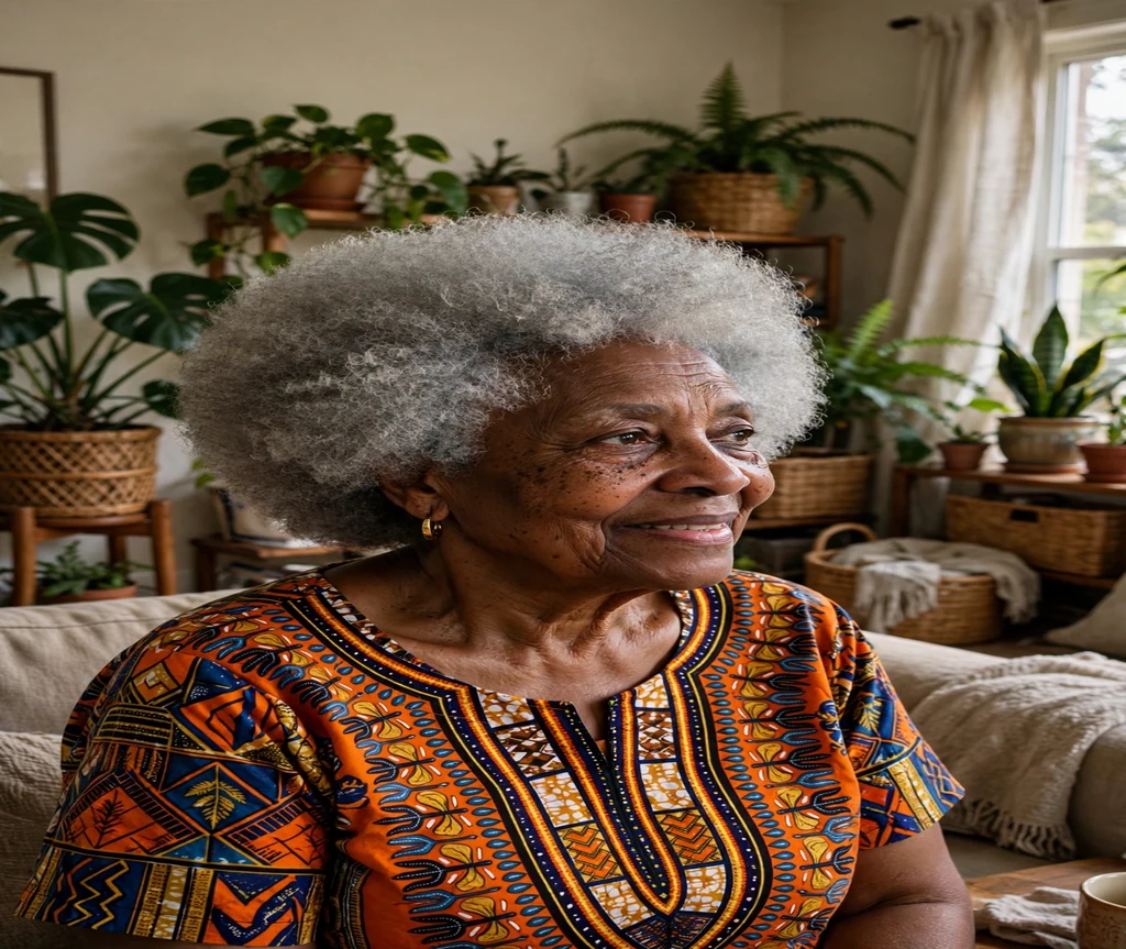 Older woman with a natural grey afro in a living room with plants