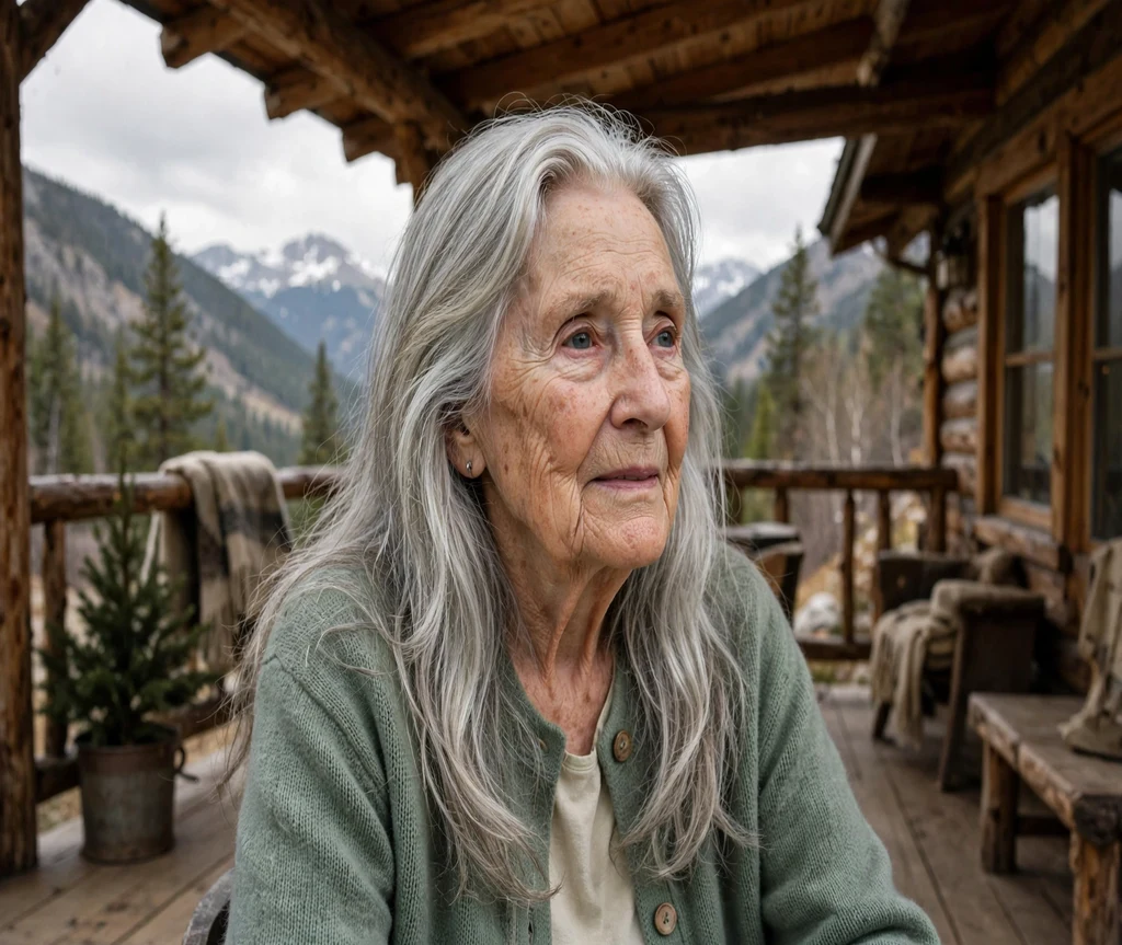 Woman in her 80s with long silver layers on a cabin porch