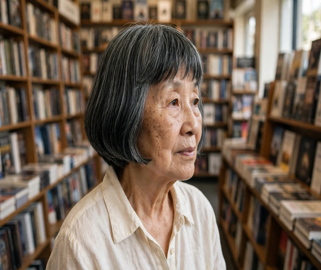 Older woman with a classic black-grey pageboy bob in a bookstore