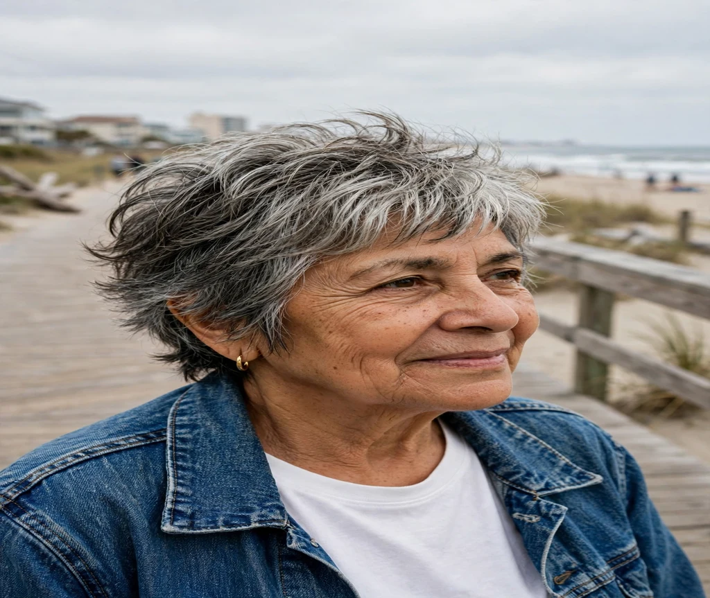 Woman over 70 with a tousled silver short shag on a beach boardwalk